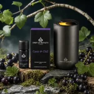 Drip of Infinity Cassis & Chill Nebulizer Set mit Diffuser, Flasche und Verpackung mit schwarzen Johannisbeeren und Waldnoten