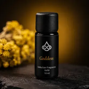 Drip of Infinity Goddess Nebulizer Nachfüllflasche Nahaufnahme mit Strohblumen, warm-goldener floraler Raumduft Wien