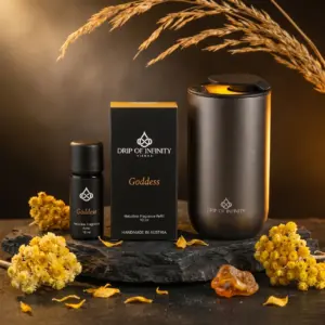 Drip of Infinity Goddess Nebulizer Diffuser Wien mit Verpackung, gelben Strohblumen, warm-goldener floraler Raumduft