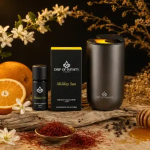 Drip of Infinity Midday Sun Nebulizer Set mit Diffuser, Flasche und Verpackung mit Safran, Orange und warmen Ambernoten