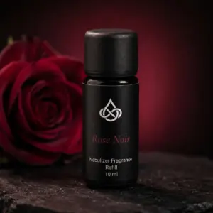 Drip of Infinity Rose Noir Nebulizer Nachfüllflasche Nahaufnahme mit dunkelroter Rose, eleganter Raumduft aus Wien
