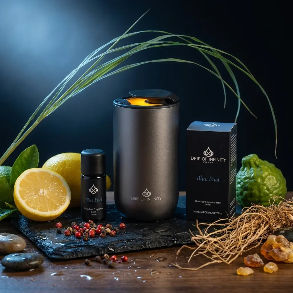 Drip of Infinity Senzafino Nebulizer Set mit Diffuser, Flasche und Verpackung mit Pink Grapefruit und warmen Ambernoten