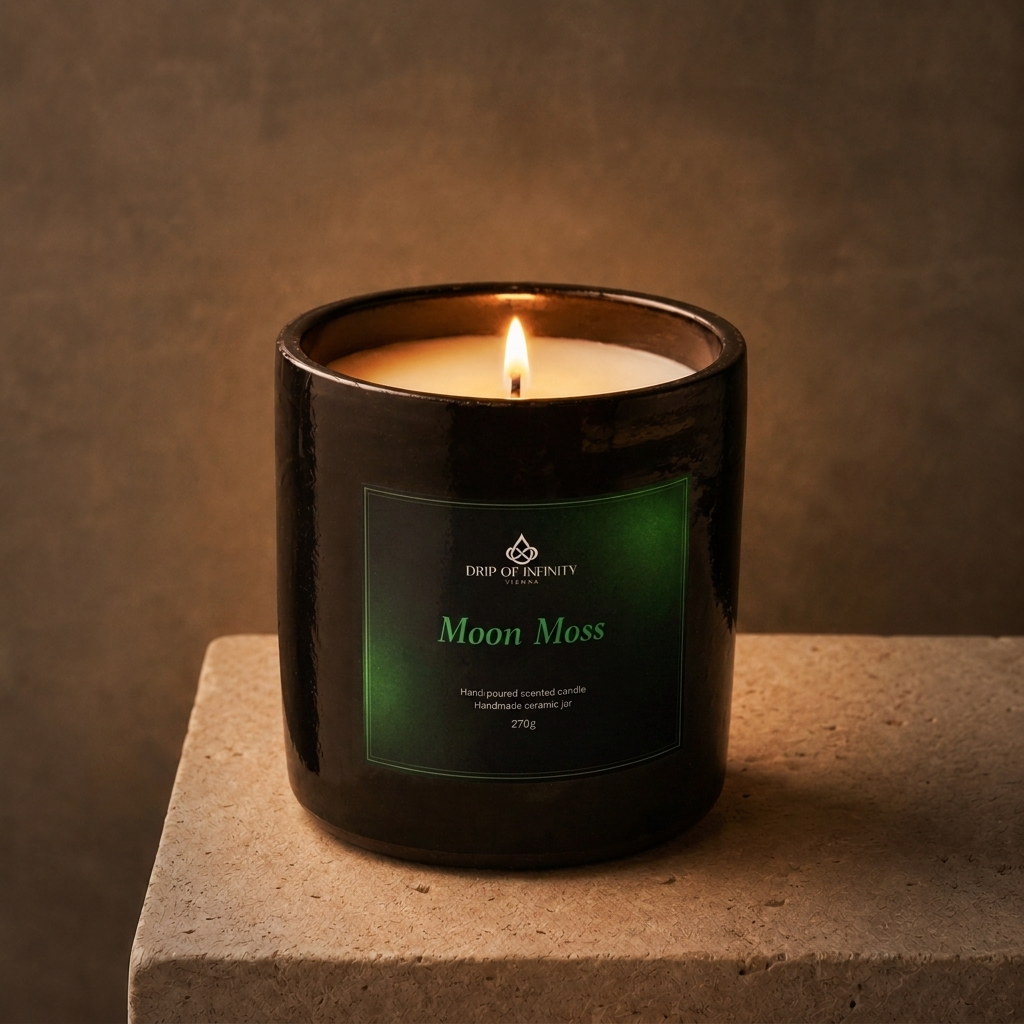 Drip of Infinity Moon Moss scented candle with fresh citrus notes, moss and a contemporary ambience