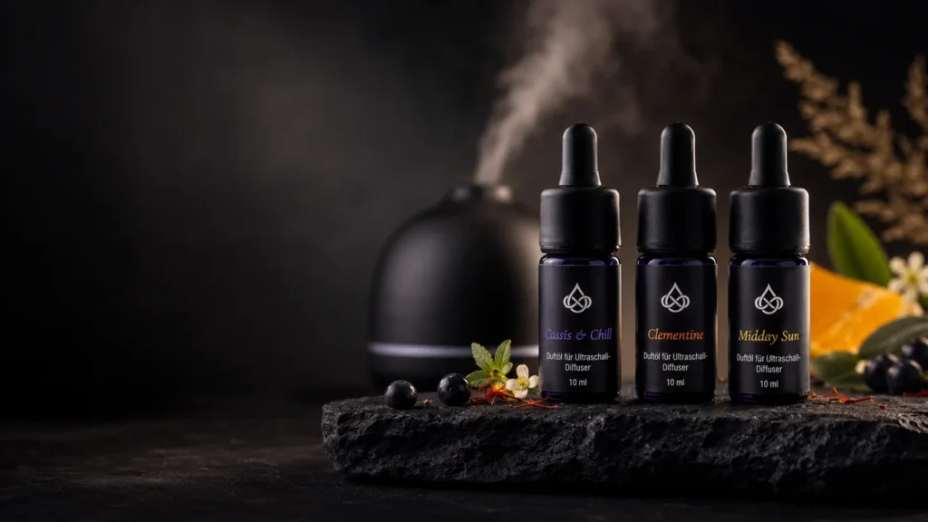 Drei Drip of Infinity Duftöle für Ultraschall-Diffuser mit Cassis & Chill, Clementine und Midday Sun vor unscharfem Diffuser