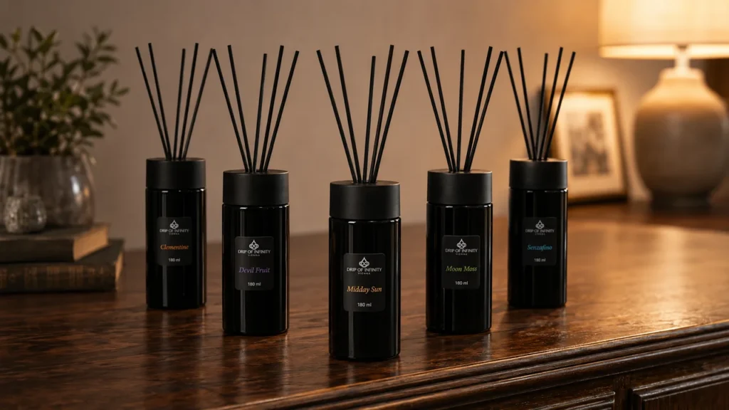 Fünf Drip of Infinity Reed Diffuser 180 ml in den Düften Clementine, Devil Fruit, Midday Sun, Moon Moss und Senzafino auf Holzkonsole im warmen Wohnraum